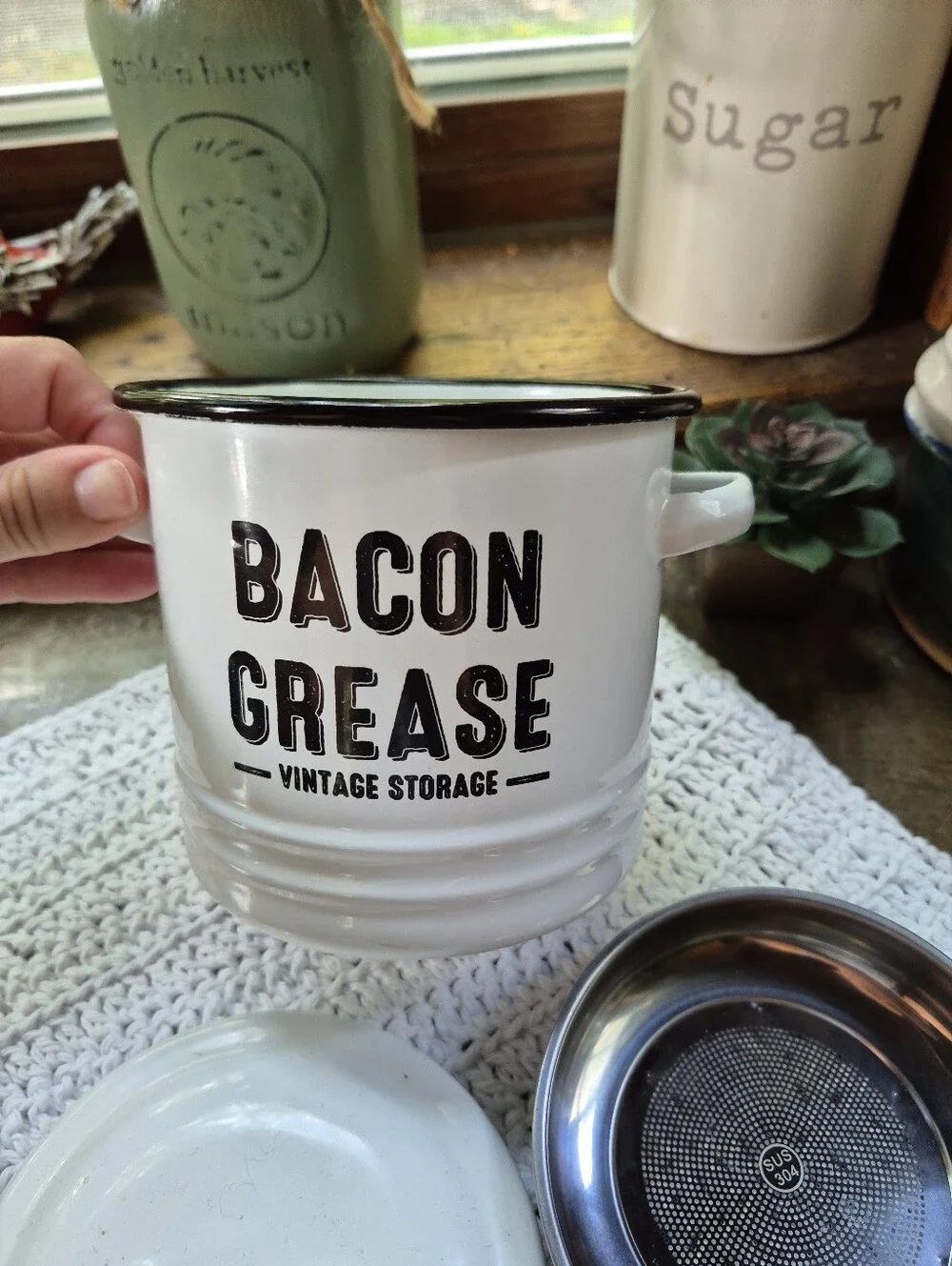 Large Enamel Bacon Grease Container With Metal Mesh Strainer And Lid